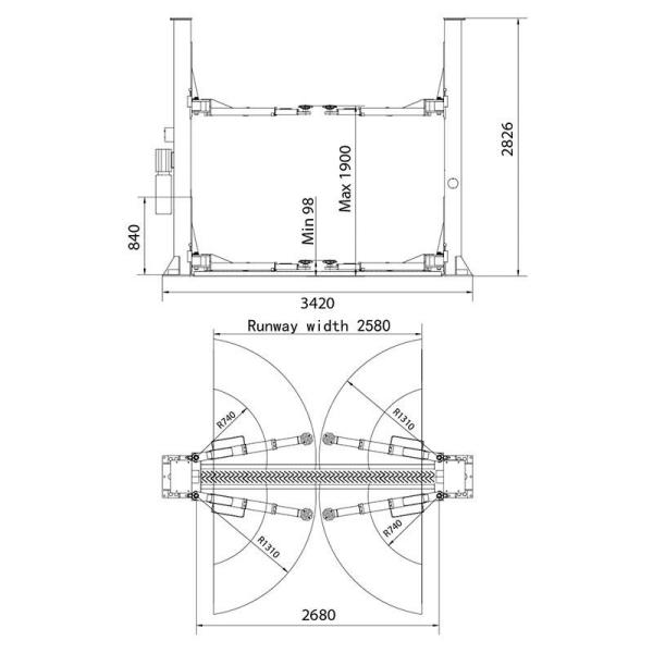 2-Säulen-Hebebühne hydraulisch UV 3,2 t, 230 V, H: 2,82 m RP-6253B2